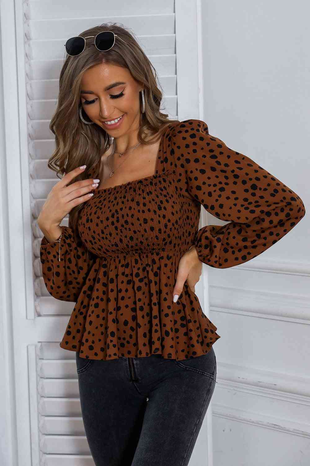 Square Neck Long Sleeve Smocked Blouse