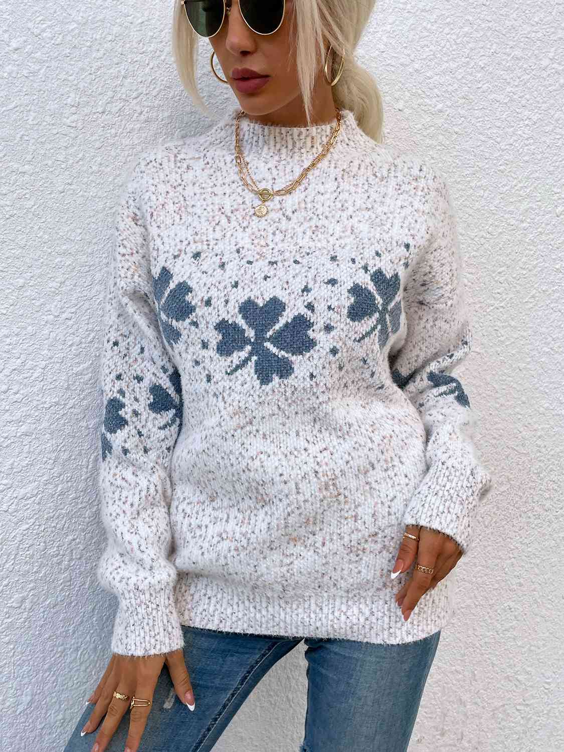 Four Leaf Clover Mock Neck Sweater