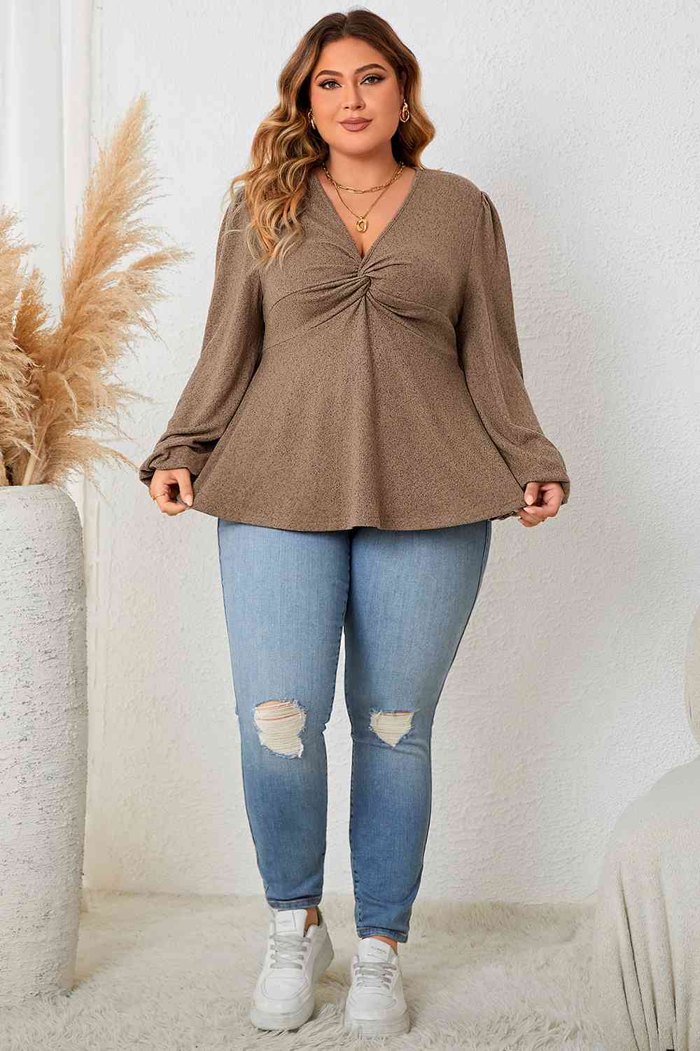 Plus Size Twist Front Balloon Sleeve Blouse