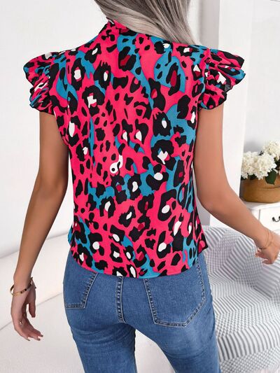 Leopard Tie Neck Cap Sleeve Blouse